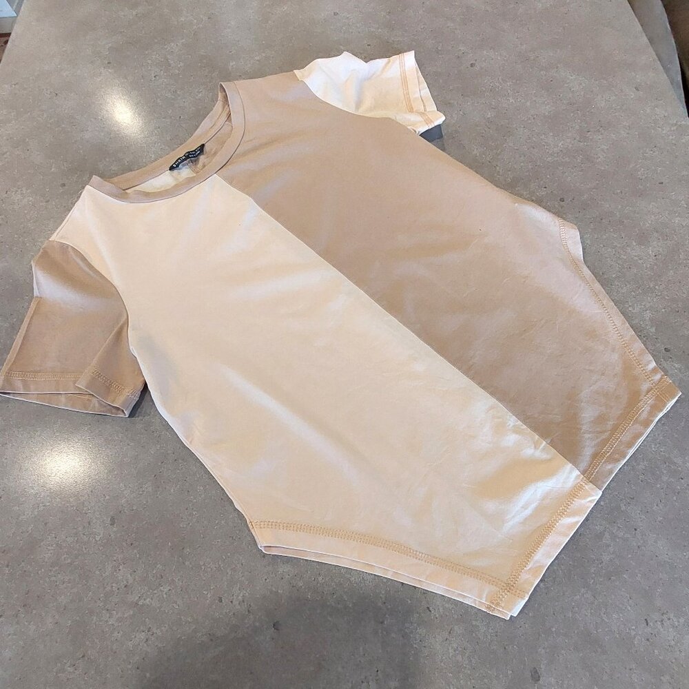 SHEIN Women's Color Block Short Sleeves T-Shirt w/Slant Cream/Tan - Size SML/M